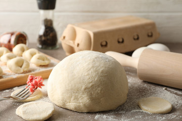 Composition with spices, minced meat and dumplings on grey background, close up