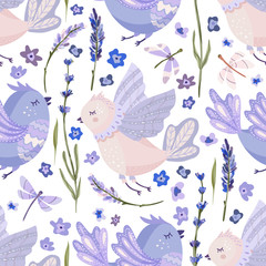 Provence seamless vector bird pattern in a flat style. Lavender blossom flower summer art and cute hand drawn animal with butterflies on a white background.