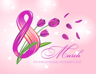 8 March greeting card for international woman's day. Realistic eight wave ribbon illustration. Liquid paint ink shape with tulip flowers.