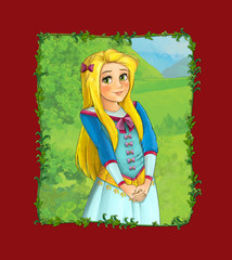 cartoon scene with princess queen on the meadow