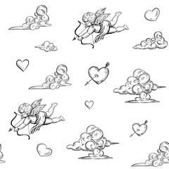 Seamless pattern with cupid and clouds. Vector outline with transparent background