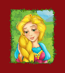 cartoon scene with princess queen on the meadow