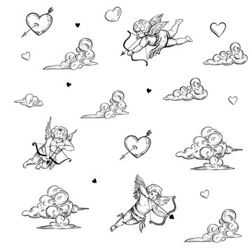 Seamless pattern with cupid and clouds. Vector outline with transparent background