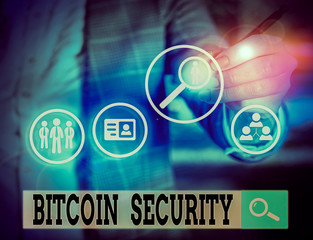 Writing note showing Bitcoin Security. Business concept for funds are locked in a public key cryptography system