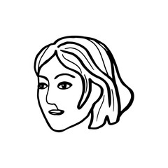 Portrait of a white woman's head, a three-quarter turn. Vector traced black ink contour drawing in cartoon style. Vector stock illustration. Isolated on white. Human figure