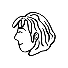 Hand-drawn portrait profile of a young woman / girl with short hair (caret). Traced vector drawing of a human profile looking in front of him. Black contour in black ink is isolated on a white BG