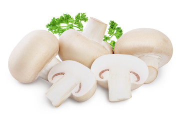 Fresh mushrooms champignon and half isolated on white background with clipping path
