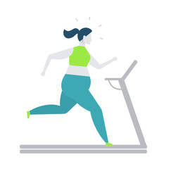 Fototapeta na wymiar Vector illustration. Flat design, trendy style. White background isolated. A fat woman runs on a treadmill. Full girl doing sports. Work on yourself, improving