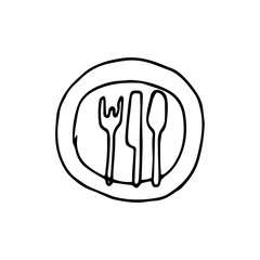 Hand-drawn simple sketch of a plate on which lies a fork, tablespoon and knife. Vector drawing on the theme of food, table setting. Black outline isolated on white.