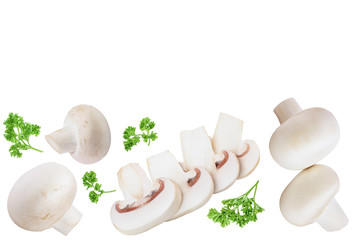 Fresh mushrooms and slices isolated on white background with copy space for your text. Top view. Flat lay.