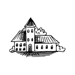 Naklejka premium simple hand-drawn black ink sketch of a rustic vintage building. Vector traced illustration of a black outline on a white background.