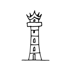 Outline drawing of a lighthouse in sketch technique. High narrow multi-tiered tower with gabled roof. Black outline isolated on white. Vector stock illustration lighthouse