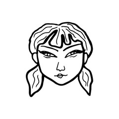 Vector portrait of an asian woman head in cartoon black ink style isolated on white.Traced illustration of female head, hairstyle with two ponytails. Contour drawing of the human head