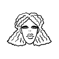 Hand-drawn portrait of a beautiful black woman with fluffy hair gathered from behind. She calmly looks in front of her. Black contour drawing of a female face with big eyes in a cartoon style.