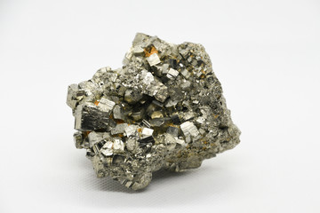Pyrite crystal close-up, sulfide mineral against white background