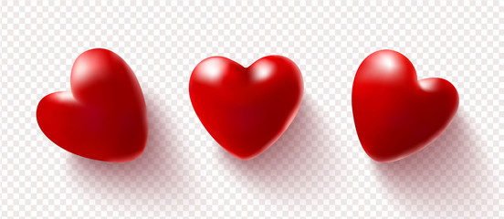 Set of red 3D hearts isolated on a transparent background.Vector illustration.Love concept