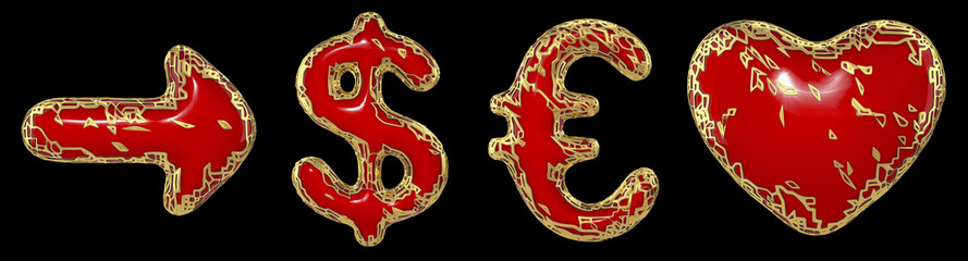 Symbol collection arrow, dollar, euro, heart made of golden shining metallic. Collection of gold shining metallic with red paint symbol isolated on black background. 3d
