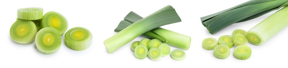 Leek vegetable with slices isolated on white background. Set or collection