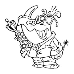 Rhino man in black with sunglasses in suit with space weapon black and white cartoon