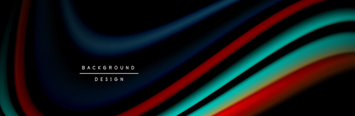 Сolorful flow poster. Wave liquid lines and shapes in black color background. Vector Illustration