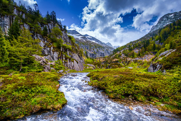 Fototapeta na wymiar Scenic aerial view on the Ars waterfall from the GR10 trail in national park Pyrenees . Occitanie in south of France.