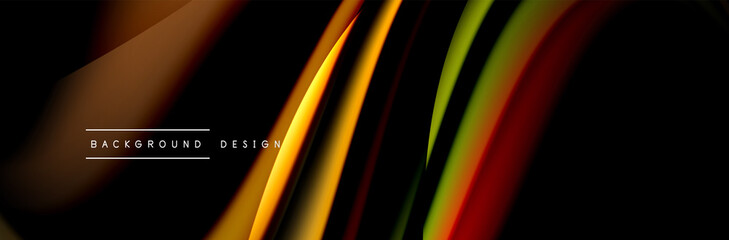 Сolorful flow poster. Wave liquid lines and shapes in black color background. Vector Illustration