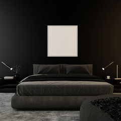 Metal decor next to bed in dark unicolor bedroom interior with mockup of poster. 3d render