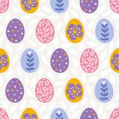 Easter seamless pattern with colorful eggs in Blue, Yellow, Pink