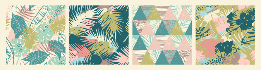 Fototapeta na wymiar Seamless exotic patterns with tropical plants and artistic background.