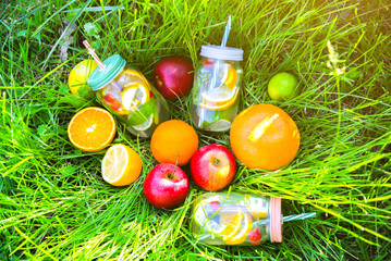Fresh lemonade in jars with straws. Hipster summer drinks with fruit in green grass outdoors.  Eco-friendly in the nature. Lemons, oranges and berries with mint in the glass. Healthy vegan lifestyle.