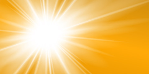 Rays yellow background. Gold sunny sky. Heat sunburs, hot weather. Sunshine orange sky. White warm sunlight. Bright golden solar sunrise, summer template. Lens optic effect. Vector illustration