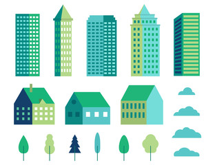 Minimal geometric buildings. Set of flat town, tree and cloud for landscape. Collection of urban houses for construction. Architecture countryside. Houses for cityscape skyline. vector illustration.