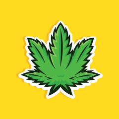 Cartoon style cannabis leaf on yellow background. Green marijuana leaf vector icon, logo, print.