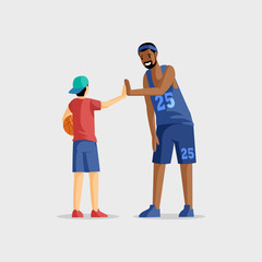 Basketball players flat vector illustration. Team game, sport competition, active rest and leisure. Basketball coach and young player with ball cartoon characters isolated on white background