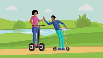 Young couple, friends riding scooters near river flat vector illustration. Friendship, entertainment, active leisure, rest together. Smiling man and woman on kick scooters cartoon characters
