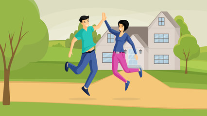 Smiling couple and country house flat vector illustration. Bargain, good buy, joyfulness, positive emotions. Happy family, jumping boyfriend and girlfriend outdoor cartoon characters