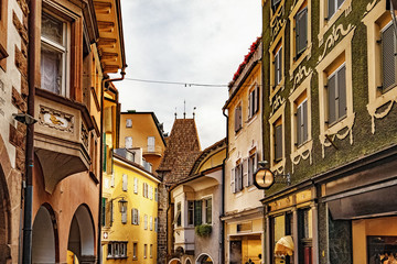 Buildings in the Via Leonardo da Vinci in Merano in South Tyrol, Italy - obrazy, fototapety, plakaty