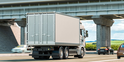 Back View Of White Truck With Empty Space On Refrigerator Driving Along the Route. 3d rendering