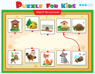 Matching game, education game for children. Puzzle for kids. Match the right object. Cartoon animals with their homes.