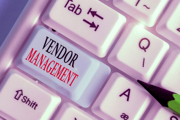 Writing note showing Vendor Management. Business concept for activities included in researching and...