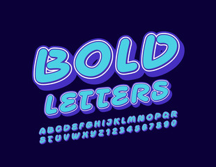 Vector Bold 3D Font. Handwritten Blue Alphabet Letters and Numbers.