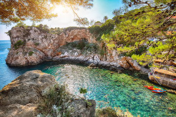 Aerial view at famous travel destination city of Dubrovnik -  Suluci beach  on a sunny day.