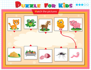Matching game, education game for children. Puzzle for kids. Match the right object. Cartoon Animals and their Favorite Food.
