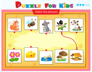 Matching game, education game for children. Puzzle for kids. Match the right object. Cartoon Animals and their Favorite Food.