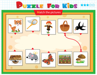 Matching game, education game for children. Puzzle for kids. Match the right object.