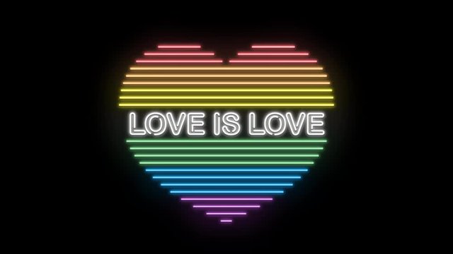 LGBT Love is Love text and sign neon light on black background, holidays and international calendar events, sales and marketing 3D neon light animation and motion graphic.