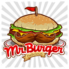burger with mustache vector for junk food restaurant logo