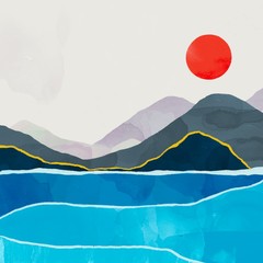 Abstract landscape. Water, mountains and the red sun. Totally Hand drawn colorful digital illustration. Various textures