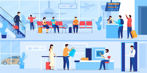 People waiting in airport, security check and registration for flight, vector illustration