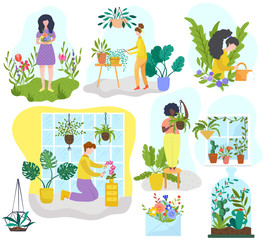 People growing houseplants and flowers, gardening hobby vector illustration
